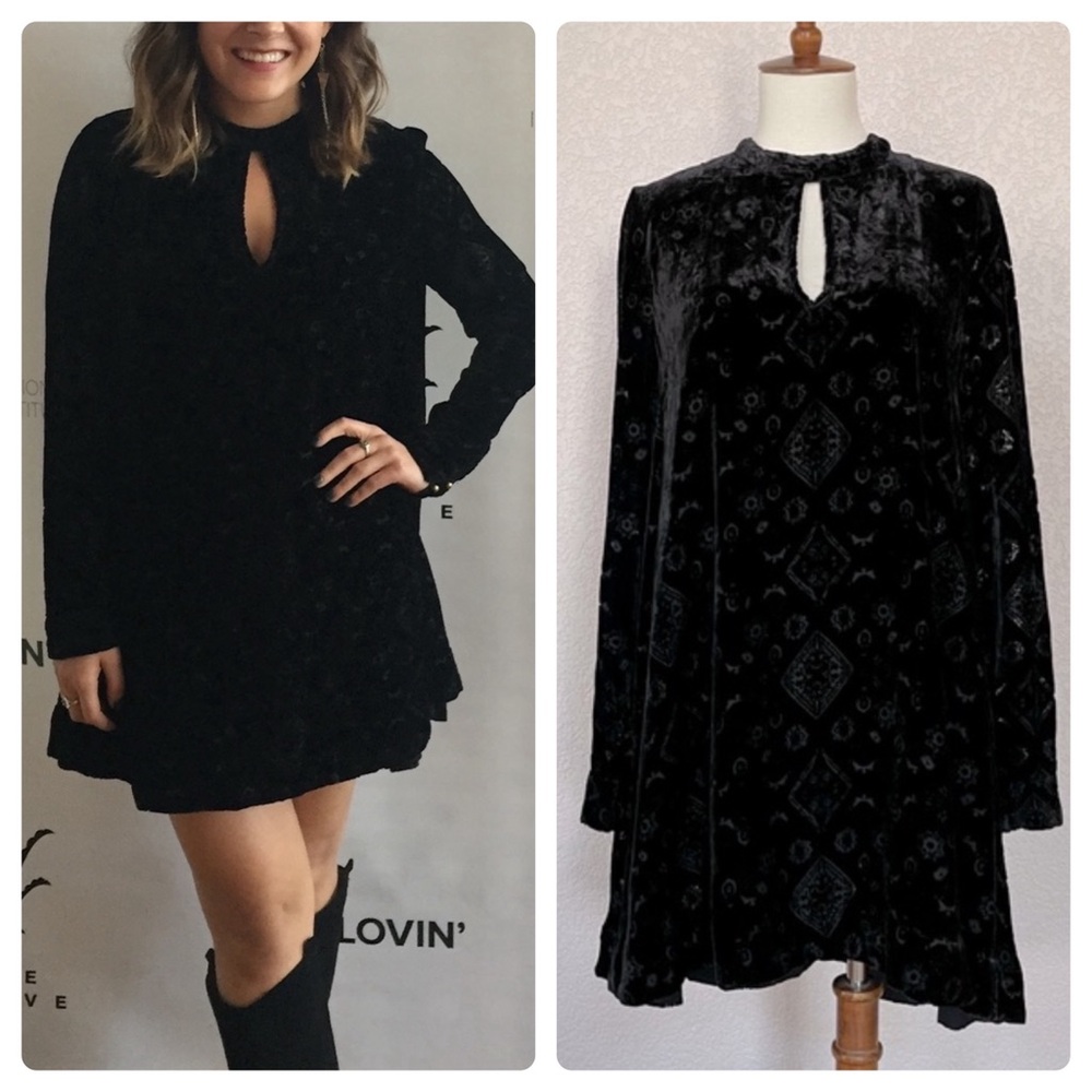 Free People Evil Twin black burnout velvet long sleeve tunic dress with keyhole